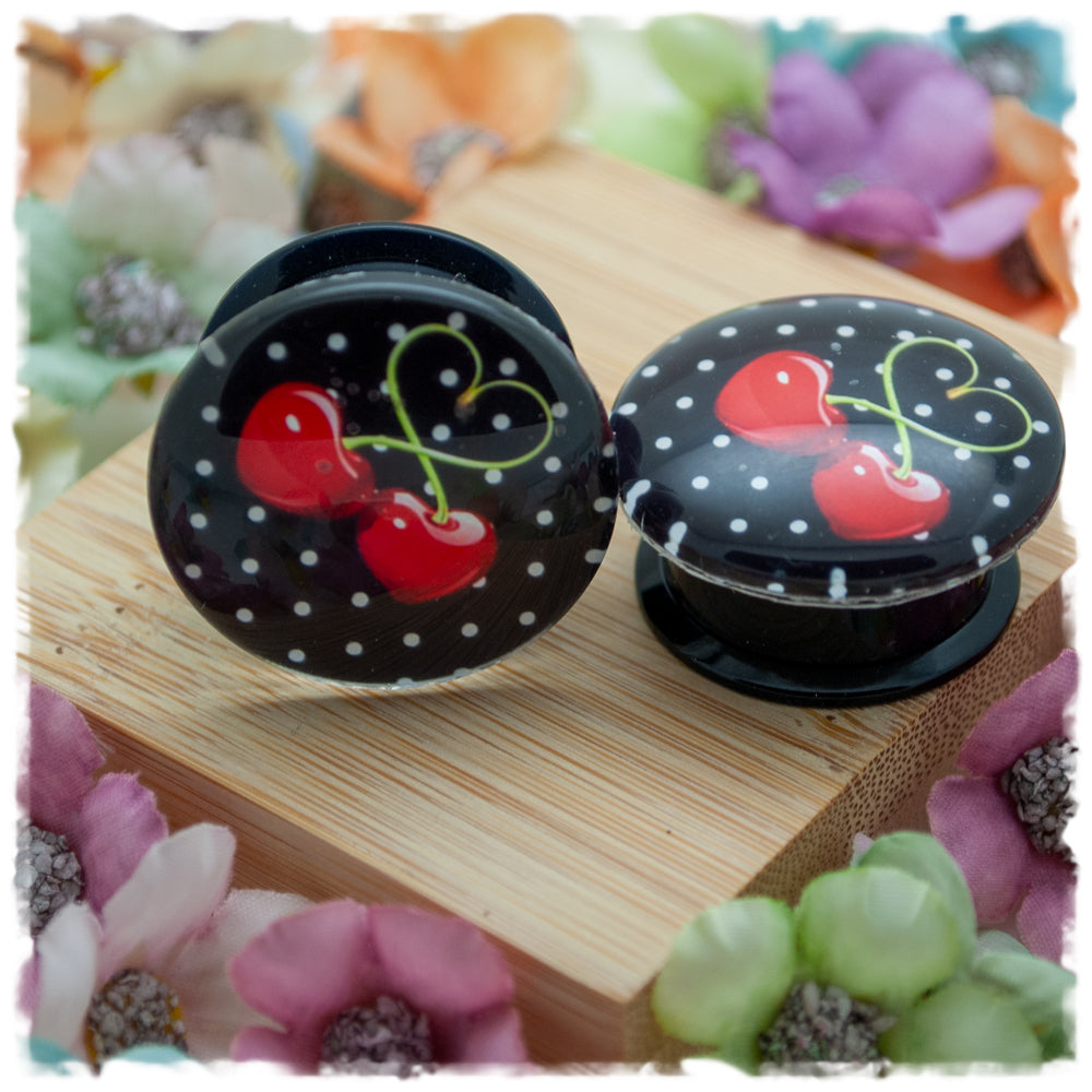 Plugs 22 mm schwarz mit weißen Punkten und Kirschen