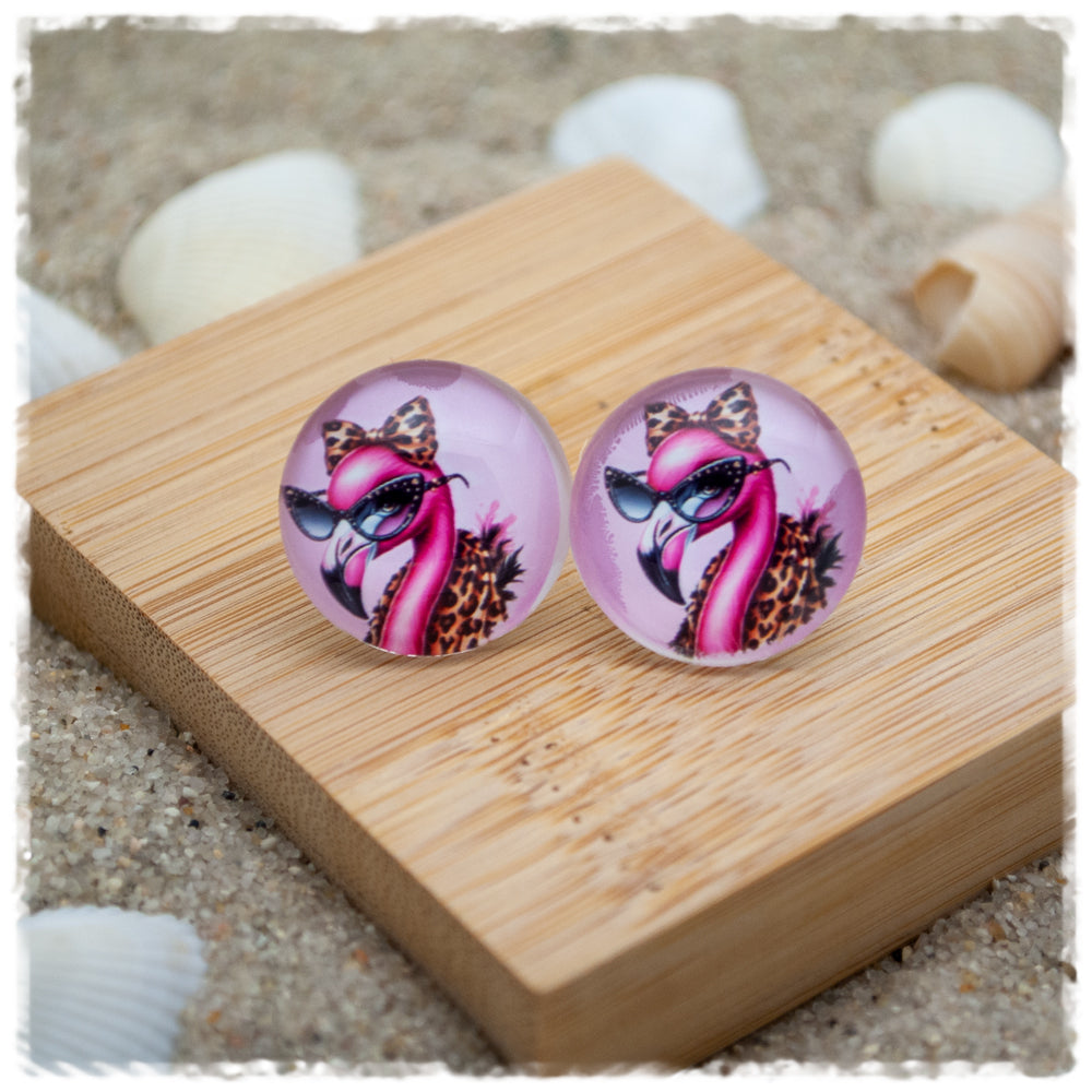 Ohrringe Flamingo mit Leoprintschleife und Brille (AKTION)