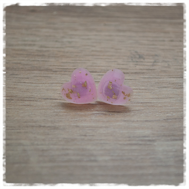 Ohrringe in 12 mm rosa Herz mit goldenen Flakes